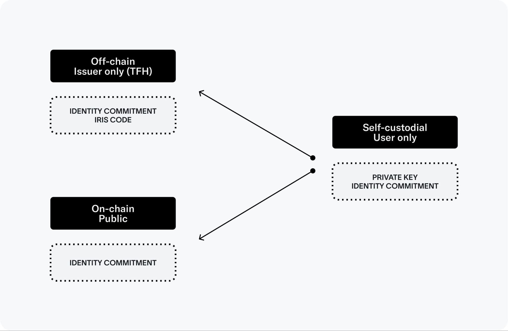 Figure 34: Data handling for the Orb credential. The identity commitment can be seen as the unique identifier for the credential, but is not shared when using the credential. Instead, a ZKP is used to prove the user holds the private key to an identity commitment in the on-chain set.